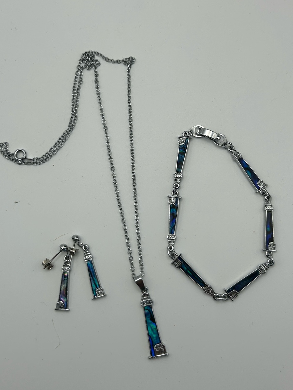 Silver Tone Blue Abalone Inlay Jewelry Set - Necklace, Bracelet & Earrings (7)